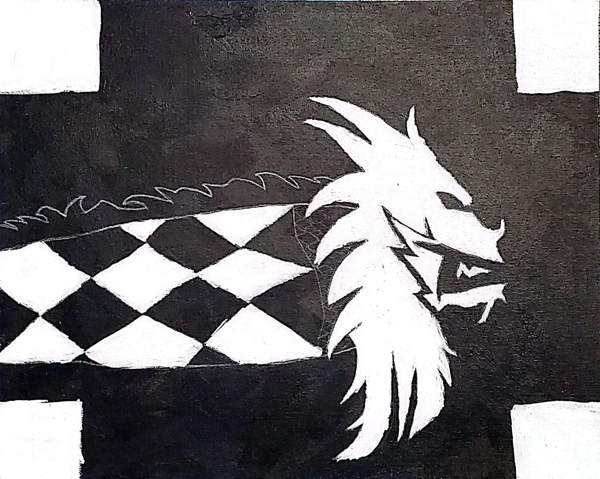 This is a b/w painting I made for class. The assignment was to paint anything we like so I painted a dragon.